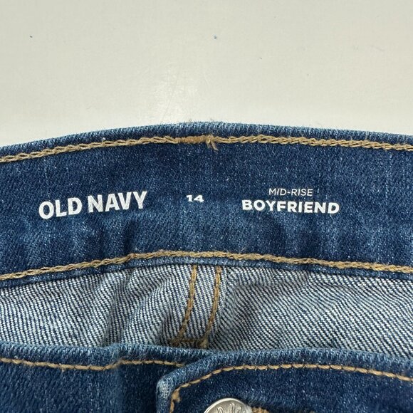 Old Navy Mid Rise Boyfriend Distressed Women's size 14 Dark Wash Blue Denim Jean - Picture 3 of 5